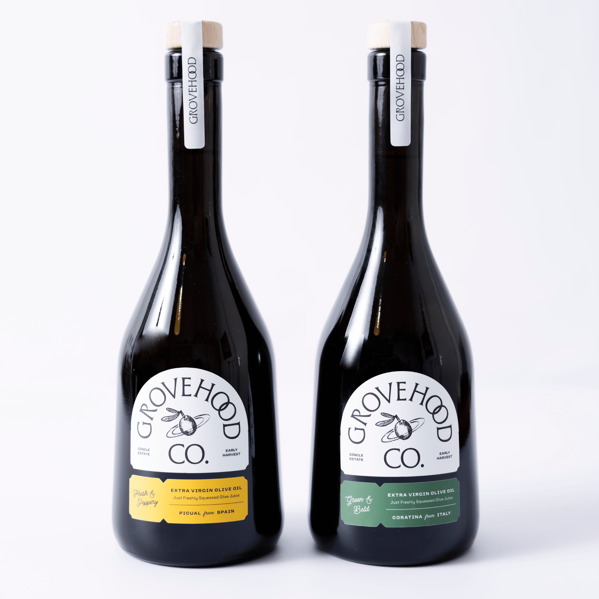 Grovehood Collective Italian & Spanish extra virgin olive oil bottles