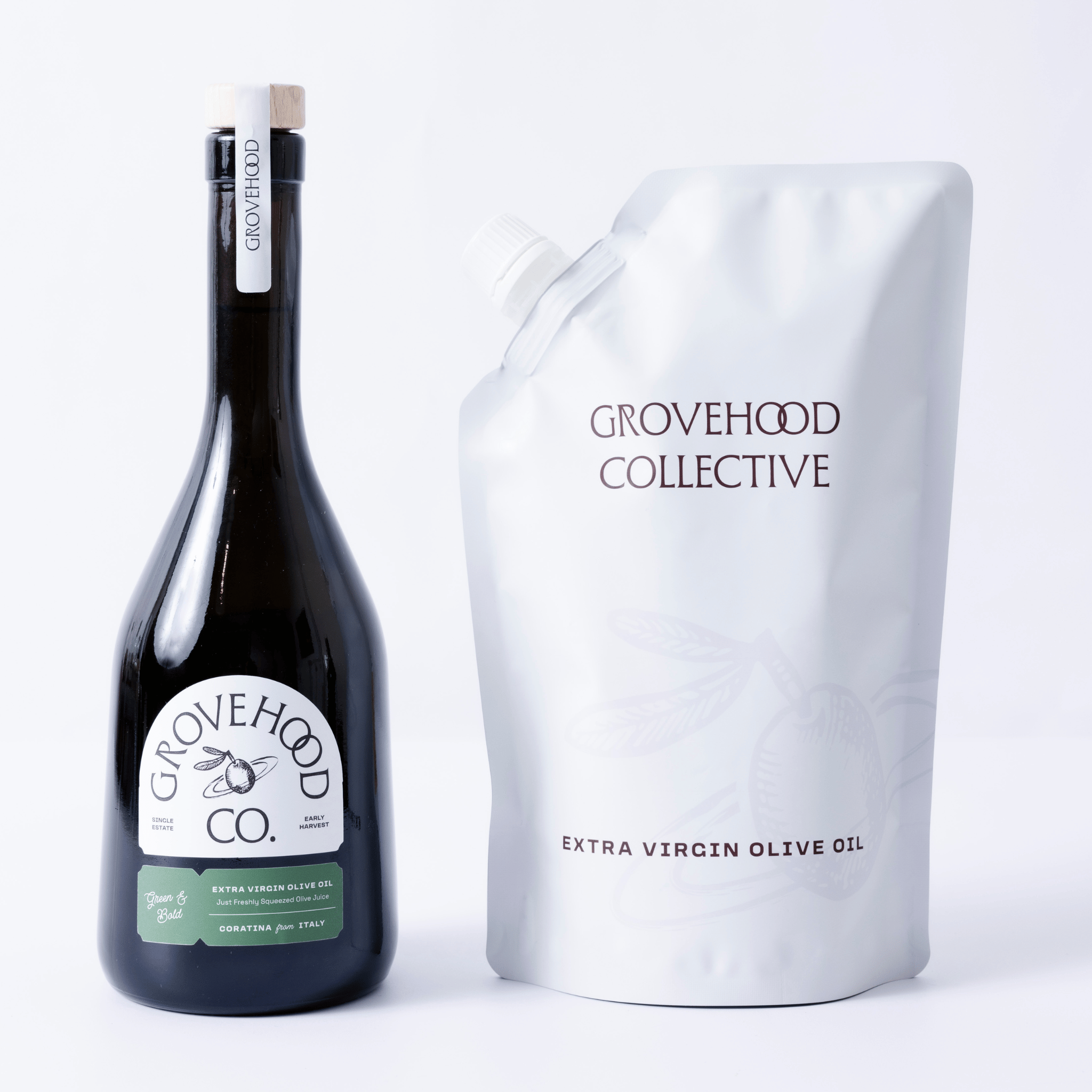 Grovehood Collective Italian extra virgin olive oil bottle with eco-refill pouch