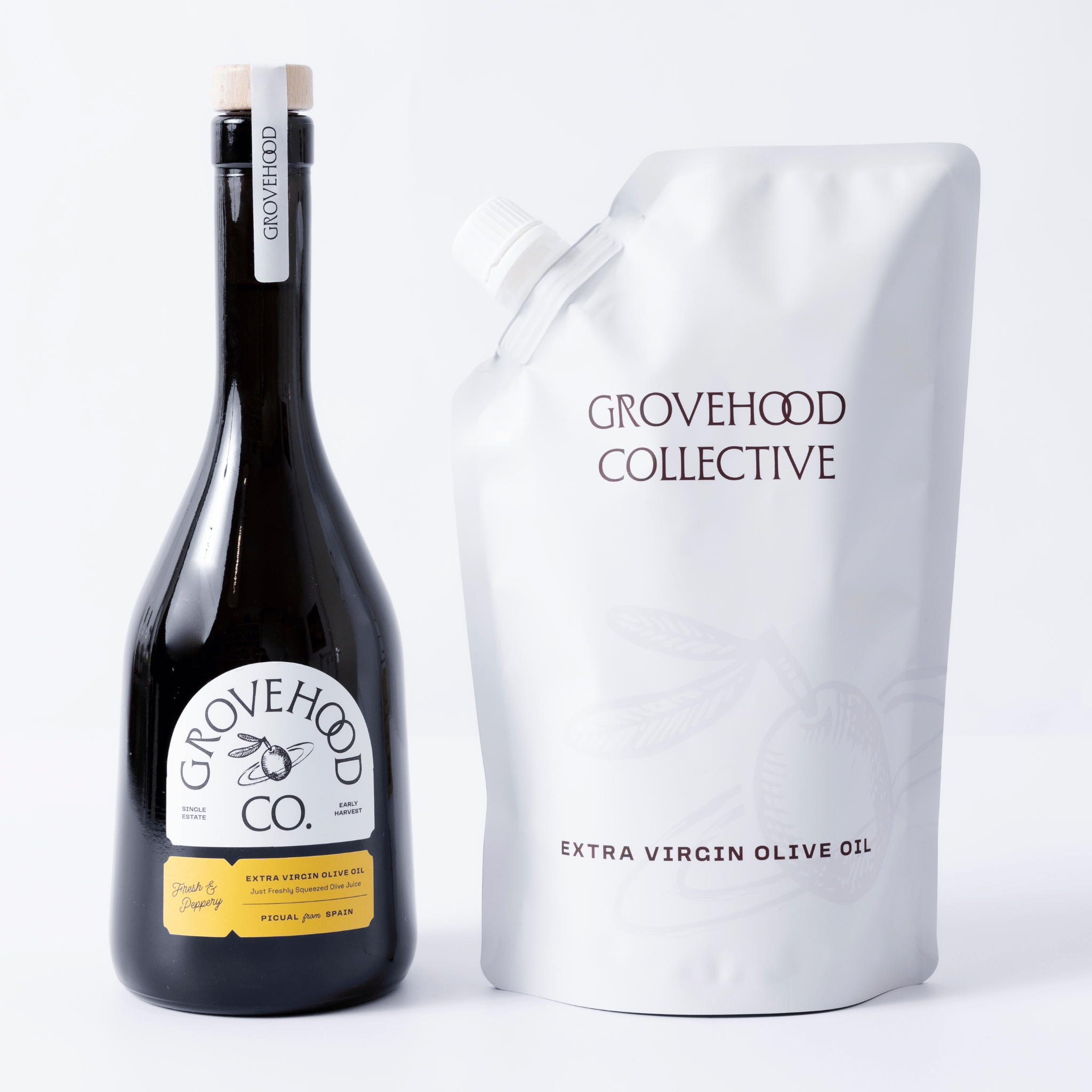 Grovehood Collective Spanish extra virgin olive oil bottle with eco-refill pouch